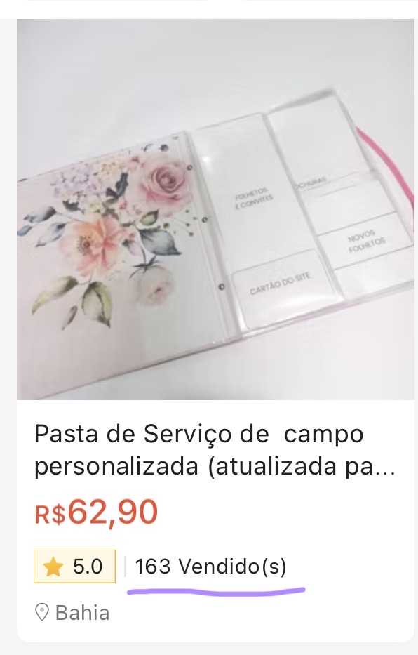 Resultado de aluna na Shopee: pasta de serviço de campo personalizada com 163 vendas